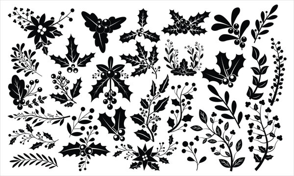 Festive Winter Foliage and Holly Berries Silhouette Collection