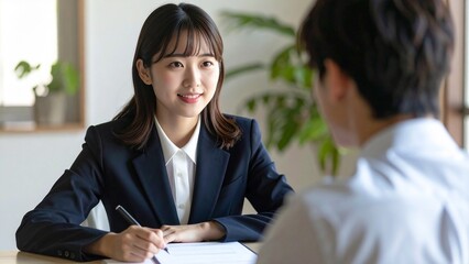 若い日本人女性がオフィスで面接をしているイメージ 16:9サイズ