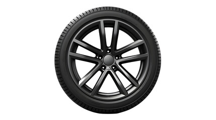 Obraz premium Close up of a sleek modern car wheel with a matte black finish and intricate spokes isolated on transparent background