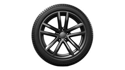 Close up of a sleek modern car wheel with a matte black finish and intricate spokes isolated on transparent background