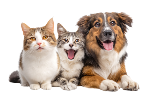 Happy Pet Family: Isolated Dog and Two Cats Posing Together isolated on a transparent background