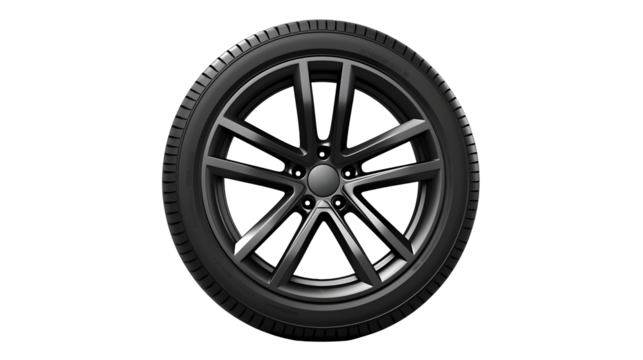 Close up of a sleek modern car wheel with a matte black finish and intricate spokes isolated on transparent background