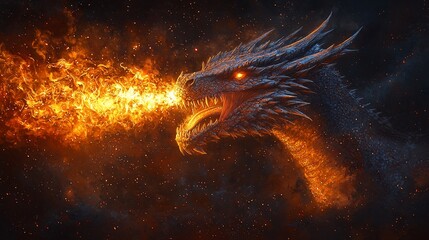 A majestic, detailed illustration of a dragon head exhaling flames in a dark, smoky atmosphere