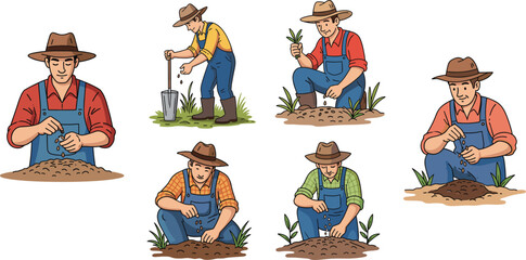 Cartoon farmer characters planting seeds, growing plants, gardening illustration showing agriculture, farming, eco friendly lifestyle and sustainable cultivation.
