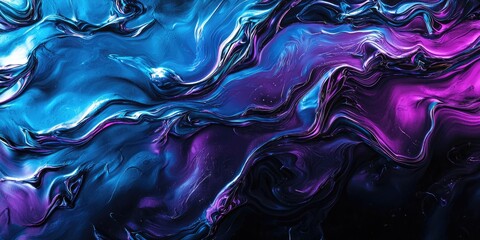 A vibrant, abstract painting of swirling, blue and purple hues with a black background, featuring a mix of fluid, flowing lines and shapes.