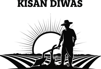 Kisan diwas silhouette vector illustration of a farmer plowing field with sun