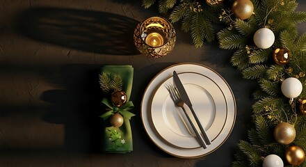 Festive Christmas table setting with decorations and elegant tableware top view