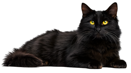 A detailed illustration of a fluffy black cat with bright green eyes lying down isolated on transparent background