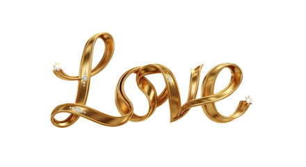 Luxury 3D golden ribbon script text spelling Love for wedding and romantic design isolated PNG with Transparent Background