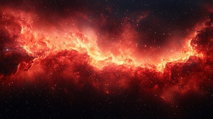 Cosmic panorama of bright red and orange celestial clouds with scattered stars in deep black space