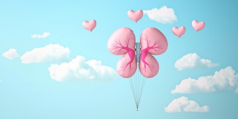 A pink butterfly-shaped balloon with a heart-shaped balloon inside, floating in the sky with clouds and hearts.