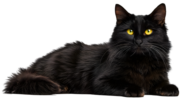 A detailed illustration of a fluffy black cat with bright green eyes lying down isolated on transparent background