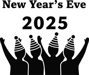Excited group celebrating new years eve 2025, raising arms and wearing party hats