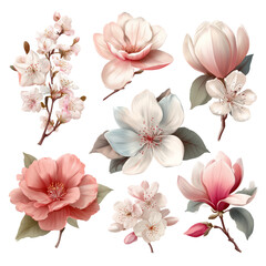 Collection of delicate pink and white magnolia and cherry blossom flowers isolated on transparent background