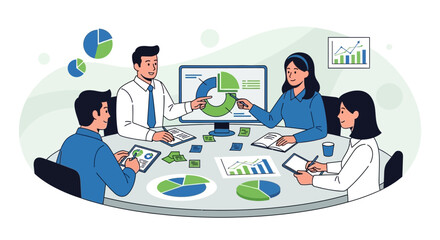 Teamwork And Collaboration: Analyzing Financial Data Round Table Discussion In The Office
