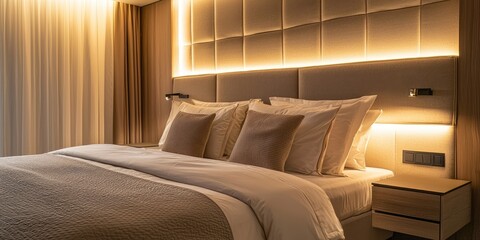 A modern bedroom with a large bed, beige headboard, and warm lighting. The room has a neutral color palette with soft textures and a clean, minimalist design.