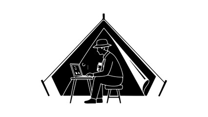 Man working on laptop inside tent with transparent background