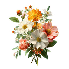 A vibrant bouquet of dahlia flowers in various colors including white orange and pink isolated on transparent background