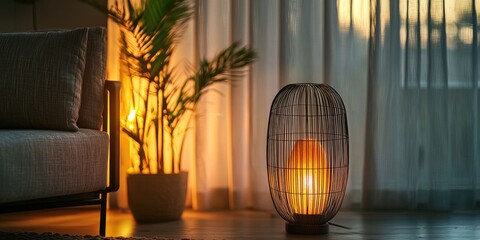 A cozy living room with a wooden floor, a gray sofa, and a bamboo floor lamp with a warm orange glow, casting a soft light on a potted plant and a window with sheer curtains.