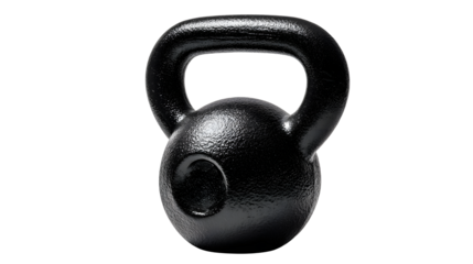 Heavy black cast iron kettlebell fitness equipment for strength training and weightlifting isolated on transparent background