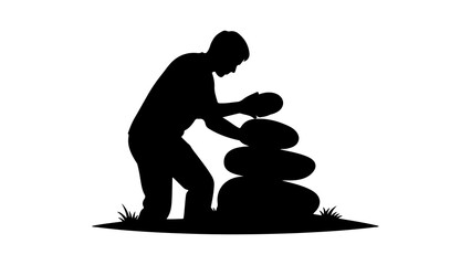 Man stacking stones on grassy ground with transparent background