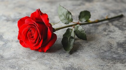 A single, vibrant red rose lies on a textured, marbled gray surface, a symbol of passion