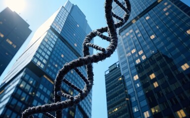 DNA helix as a skyscraper structure reflecting stock trends, biotechnology  economics, symbolizing genetic innovation in urban markets. High quality