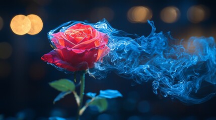 A vibrant red rose is intertwined with blue smoke, against a softly blurred, dark bokeh background
