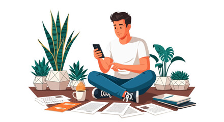 Creative Individual Focused and Relaxing with His Smartphone Amidst Indoor Plants