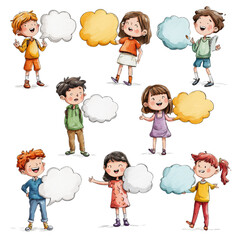 Collection of diverse children holding blank speech bubbles for text isolated on transparent background