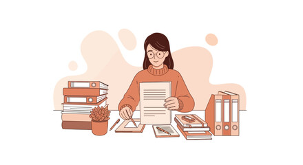 Woman Analyzing Documents at Desk, Surrounded By Files and Books, Office Work Illustration
