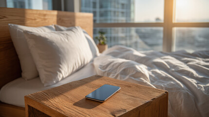 Minimal bedroom sunlight wooden bed open window crisp sheet modern phone serene morning calm
