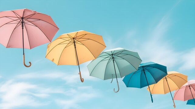 Colorful umbrellas floating in blue sky summer abstract vector