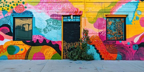 A vibrant, colorful mural with abstract patterns and bright colors on a yellow wall, featuring a door and windows, with a green plant in the foreground and a sidewalk in the background.