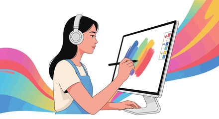 Woman Creates Digital Art with Headphones on a Desktop Computer for Design Projects