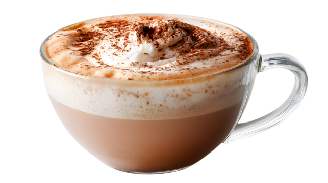 Delicious hot chocolate topped with whipped cream and cinnamon powder in a clear glass mug isolated on transparent background