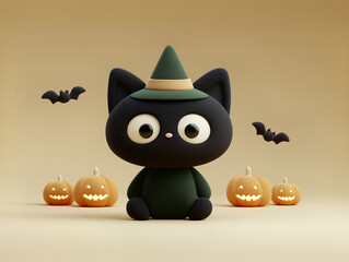Cute black cat with witch hat surrounded by pumpkins and bats for Halloween