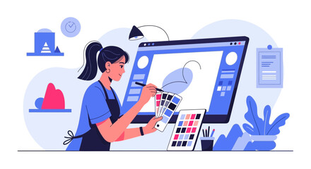 Woman Designing Illustration Using Digital Tablet With Color Palettes And Computer Monitor