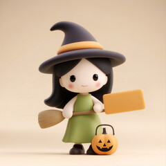 Cute witch girl character with broom and pumpkin bucket for Halloween
