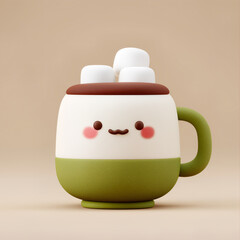 Cute green mug with marshmallows and smiling face in warm pastel style