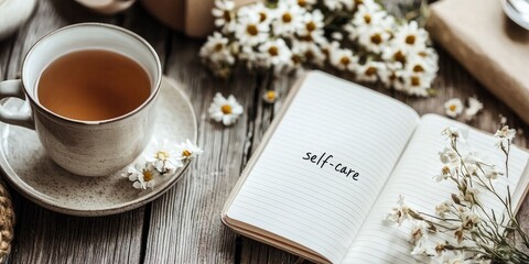 A cup of tea with chamomile flowers, a notebook with the word 'self-care' written on it, and a wooden table with a rustic charm.