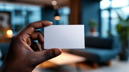 Black hand holding blank card mockup ready for your sleek modern business logo and contact details indoors