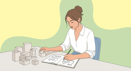 Woman Designing Packaging, Sketching Designs on Paper at Her Desk with Various Boxes