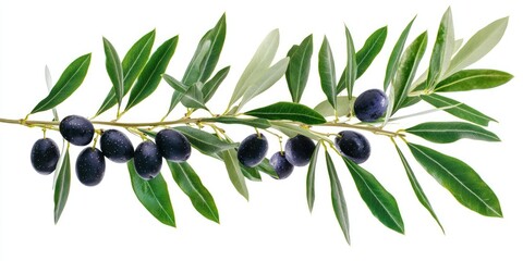 A branch of olives with leaves, some of which are ripe and some are not, against a white background.