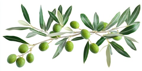 A branch of green olives with leaves, isolated on a white background.