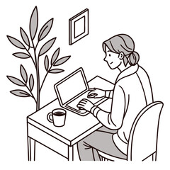 A smiling woman working on a laptop at a desk with a plant and coffee cup in a cozy home office setting