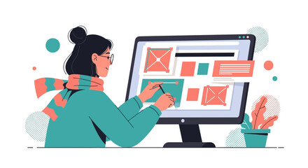 Woman Designing User Interface on Desktop Computer with a Modern Illustrated Style