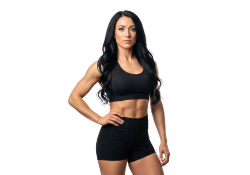 Fit athletic woman in black sportswear showing muscular body fitness strength