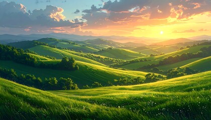 Fototapeta premium Rolling green hills bathed in golden sunlight at sunset. Wispy clouds dot the sky. A serene landscape