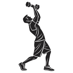 Dynamic silhouette of a fit man performing an overhead dumbbell press exercise in a stylized black and white illustration